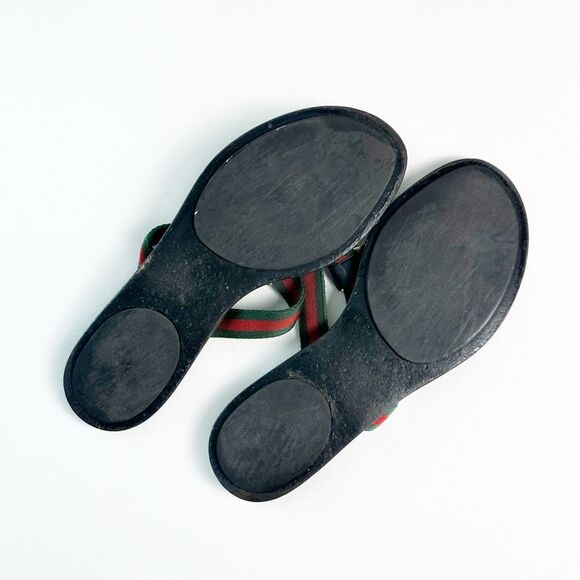 GUCCI Black Web Stripe GG Sandal 40.5 Flat Flip Flop Leather Guccissima Embossed - Picture 10 of 12